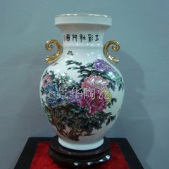 景德镇陶瓷器花瓶*双耳五彩牡丹*陶瓷艺术品收藏鉴赏居家摆设